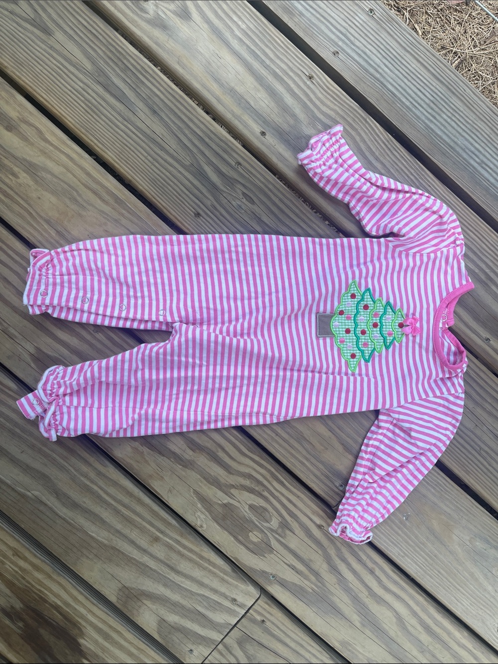 Be mine Pink & White Striped Footie with Green Christmas Tree Applique 18 month